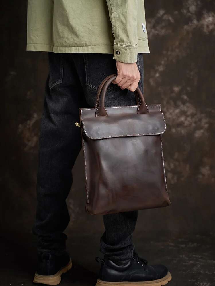 NUPUGOO Vintage Men's Briefcase Genuine Leather Casual Handbag Business Tote Bag Shoulder Office Worker Bags For 12.9 Inch Ipad