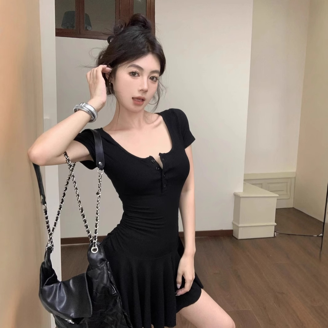 S22 New Grey Slim Short Sleeve Dress Women Summer Waist Pleated Skirt Sexy Slim Skirt