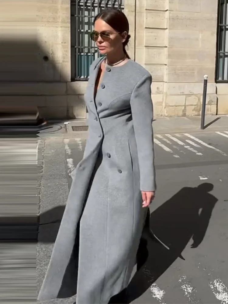 Womens Long Coats Collarless Asymmetric Button Woolen Coat Autumn Female O-neck Long Sleeve Slim Jacket Lady Outerwear 251105