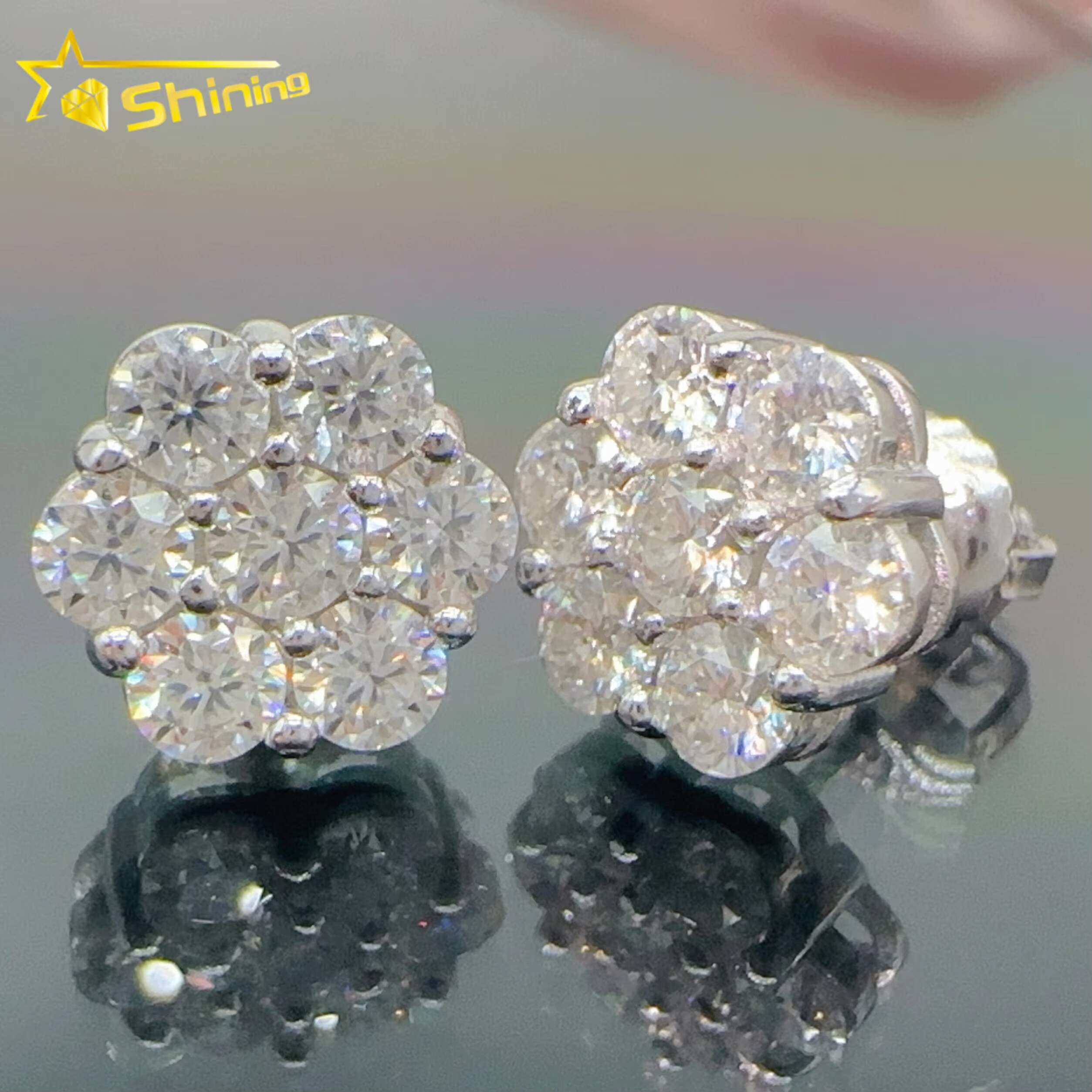 Iced Out Cluster Lab Diamond Earrings Screw Back 925 Silver Flower Vvs Moissanite Stud Earrings for Men Women