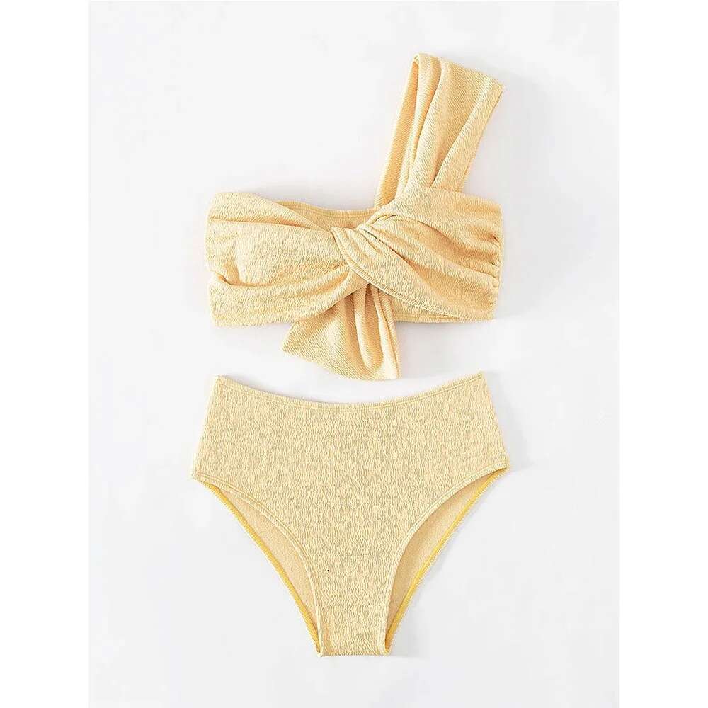 2024 Solid Color Tube Top Swimsuit Women 2-Piece High Waist Bikini Sexy Single Shoulder Backless Bathing Suit Summer Beachwear