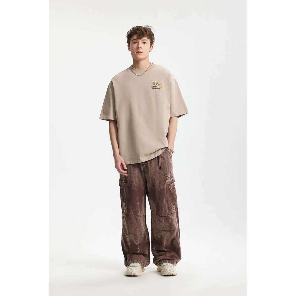 Men's Heavyweight Printed T-Shirt Mountain Series Outdoor Camping Loose-Fit 100% Cotton Short Sleeve