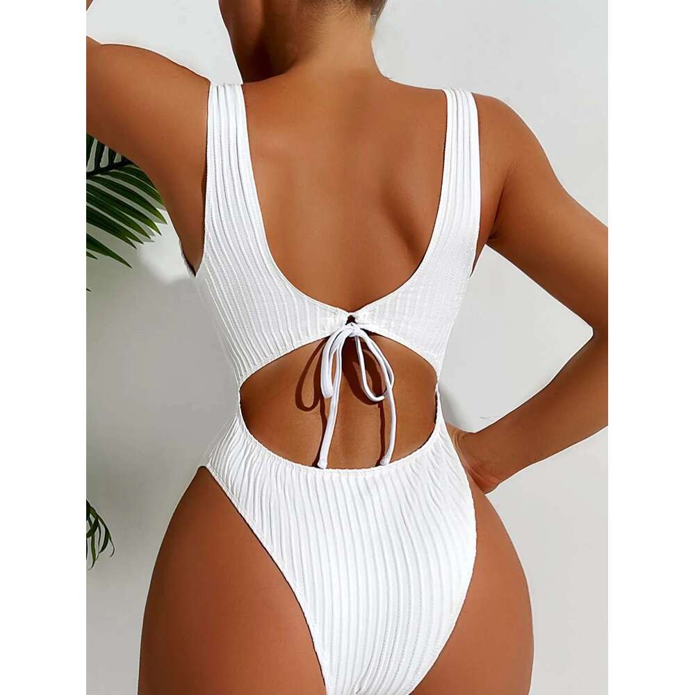 Women's Solid Color One Piece Swimsuit Summer Beach Vacation Monokini Conservative Bikini Slim Backless Swimwear 2024 New