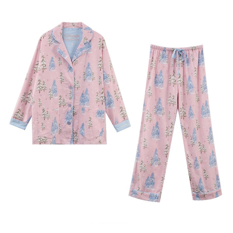 Custom New Pure Cotton 2 Piece Set Pajamas Women Print Cartoon Nightwear Long Sleeve Trousers Set Autumn Loungewear Home Clothes pjs suit