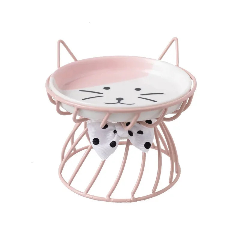 Cat bowl ceramic high footed cup neck protective food bowl shallow mouth large caliber pet food bowl 250403