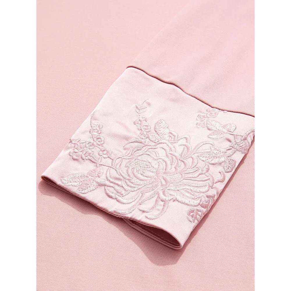 New Chinese Style Pink Embroidery Long Sleeved T-Shirt For Fall Clothes Women Slim Fit Top