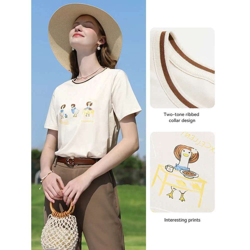 Apricot Printed Short Sleeve T-Shirt For Women Summer 2025 Contrasting Round Neck Tees Cool Cotton Tops