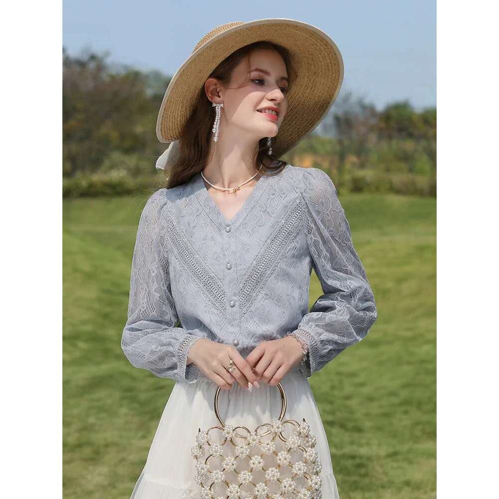 Hollow Out Lace Tops Female Autumn New Blue French V-Neck Puff Sleeve Beautiful Solid Women Shirts 2