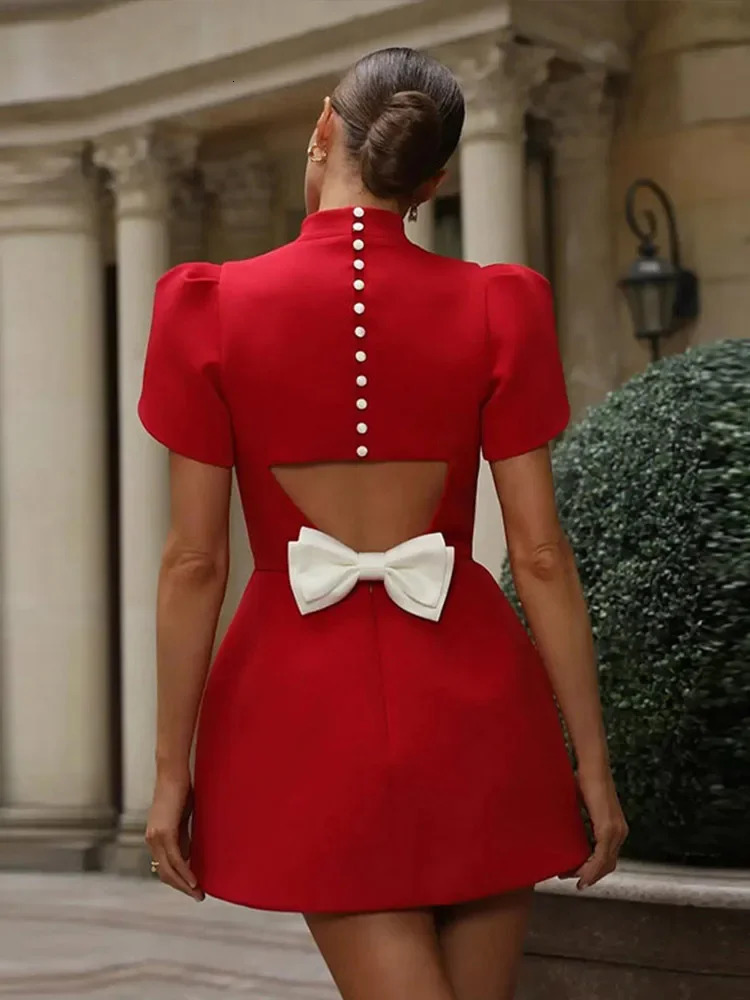 Hallow Out Bow Mini Dress Red Turtle Neck Weight Loss Pad Shoulders Womens High Waist A-Line Dress Socialite Street Evening Dress 250402