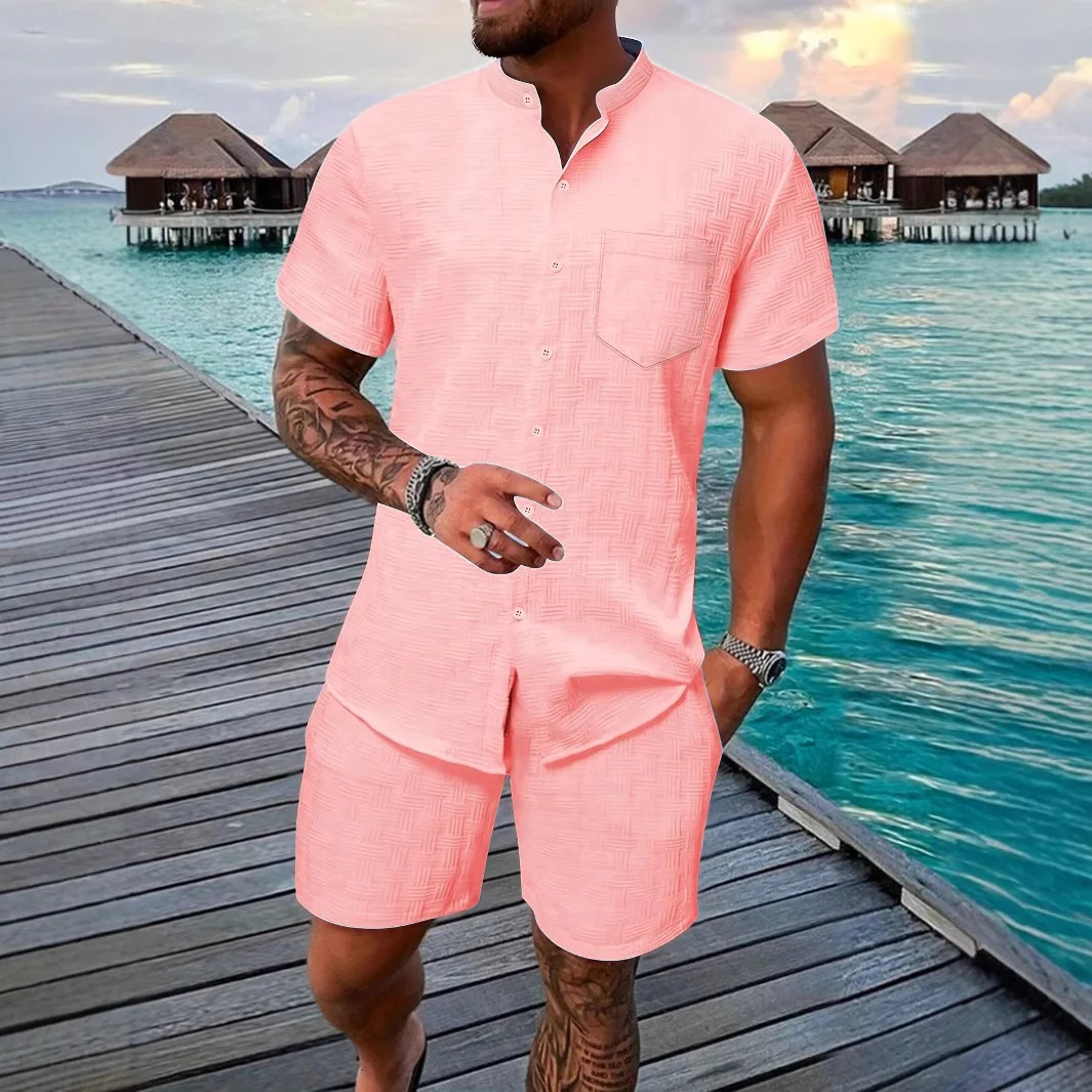 Fashion solid color short sleeved stand up collar short sleeved mens two-piece set summer jacquard casual pocket beach 2 250402