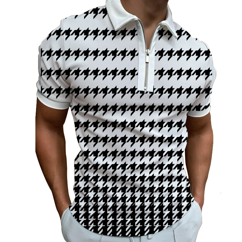 Spring new mens 3D printed casual polyester floral zipper POLO short sleeved T-shirt