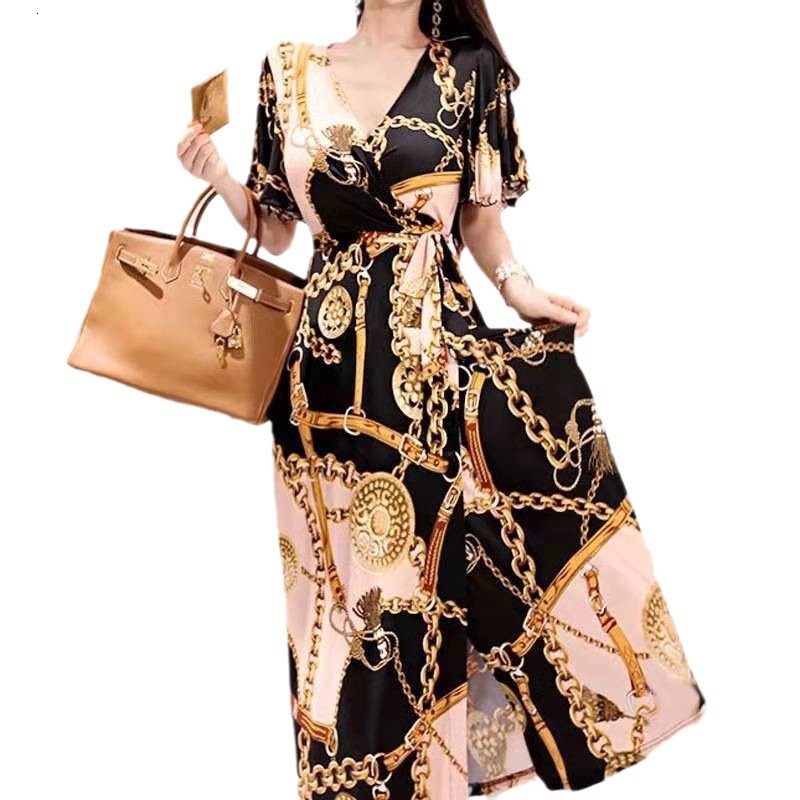 2025 Spring/summer New Womens Printed Dress Style V-neck Gold Chain Strap Waist Long Dress