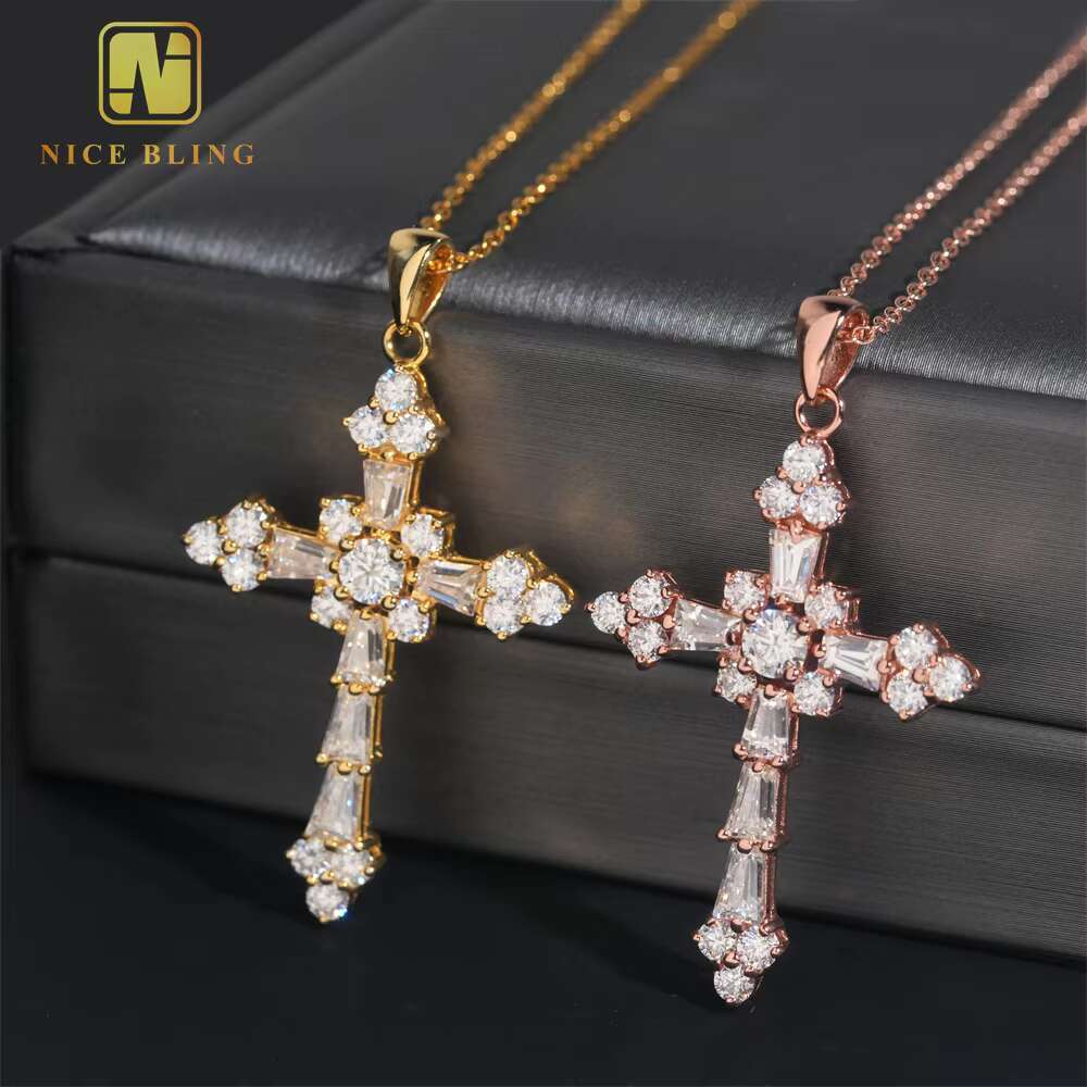 Pass Tester Classic Iced Out Hip Hop Style Link Chain 925 Silver VVS Moissanite Diamond Women Jewelry Cross Pendant Necklace