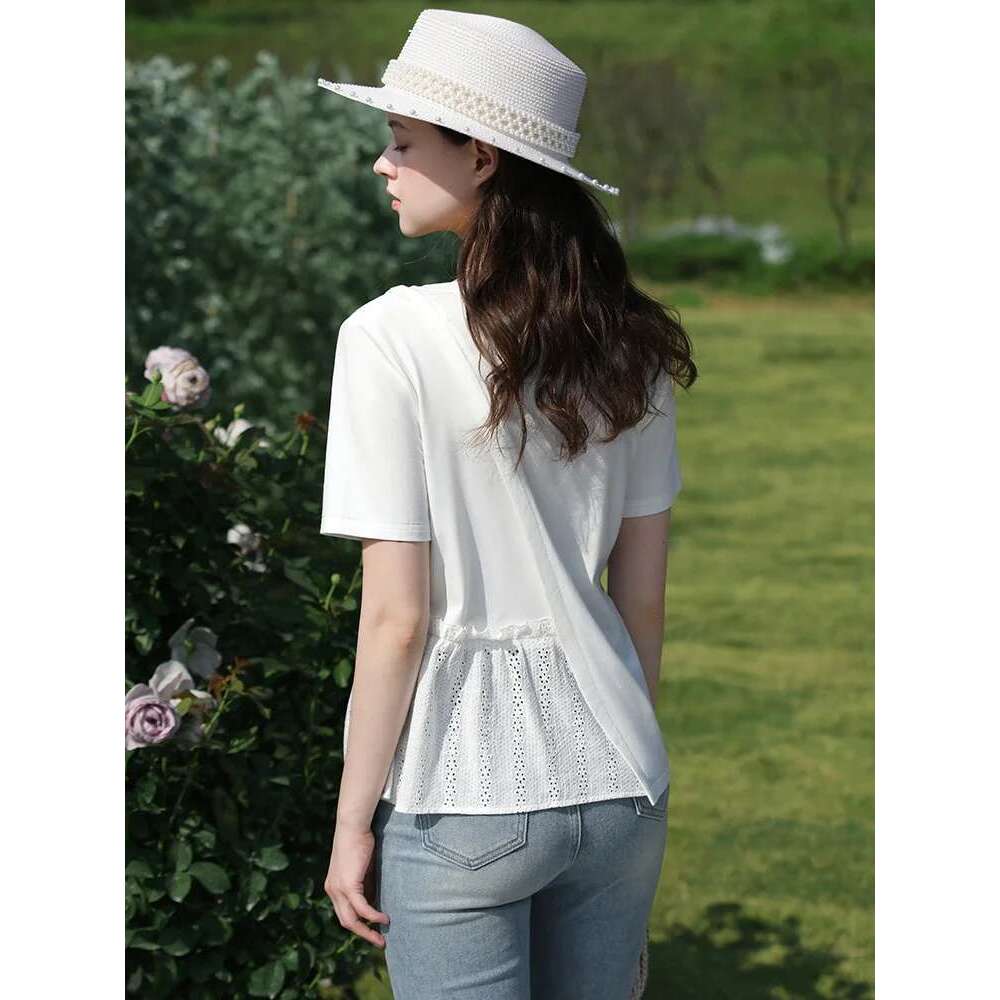 Summer New T-Shirts For Women Spliced Hollow Out Pleated Short-Sleeve Casual Fashion Female Blouse