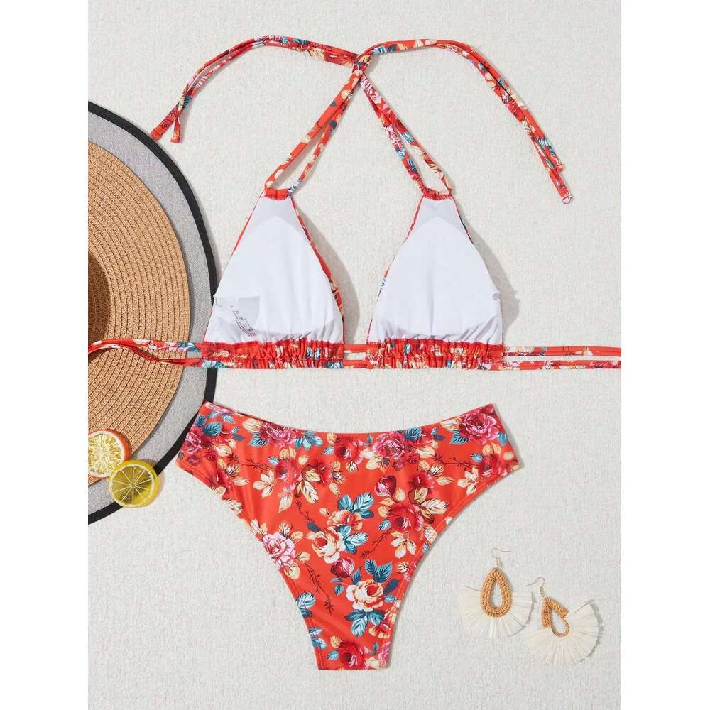 2025 New Red wer Print 2 Piece Swimsuit for Women High Waist Triangle Halter Backless Bikini Set Beach Vacation Bathing Suit
