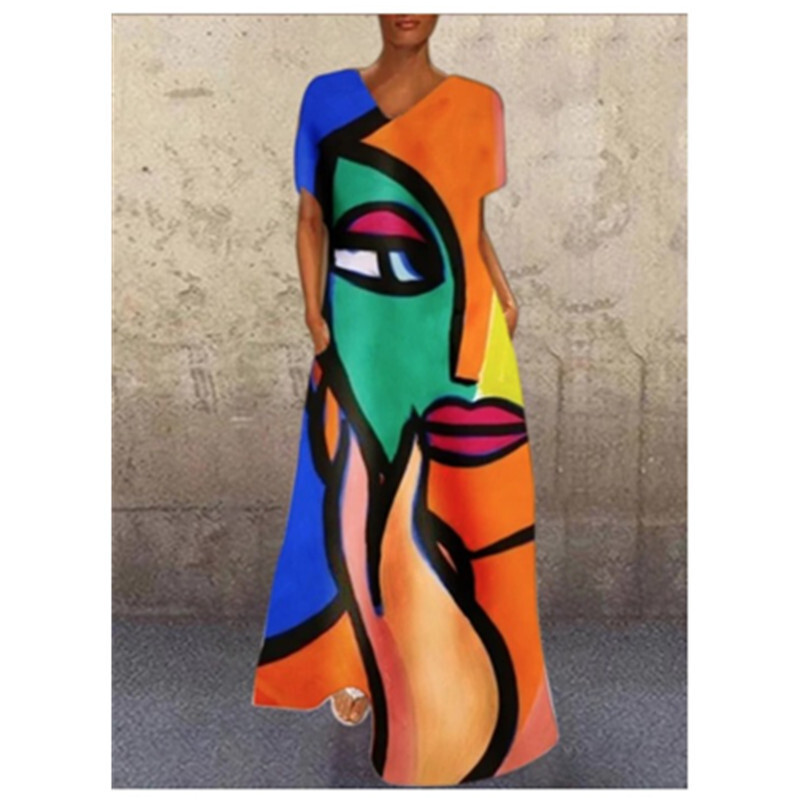 2025 New Dress Portrait Cat Print V-neck Four Sided Elastic Long Dress