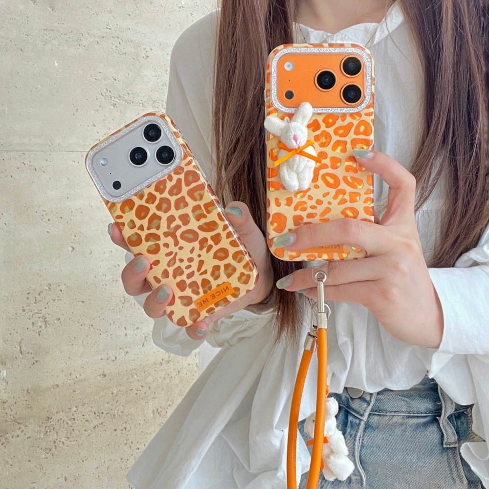 Orange Leopard Print Plush Bear Phone Case Compatible with iPhone 17/16 Pro Max Personalized Lanyard Case iPhone 15/14 Pro