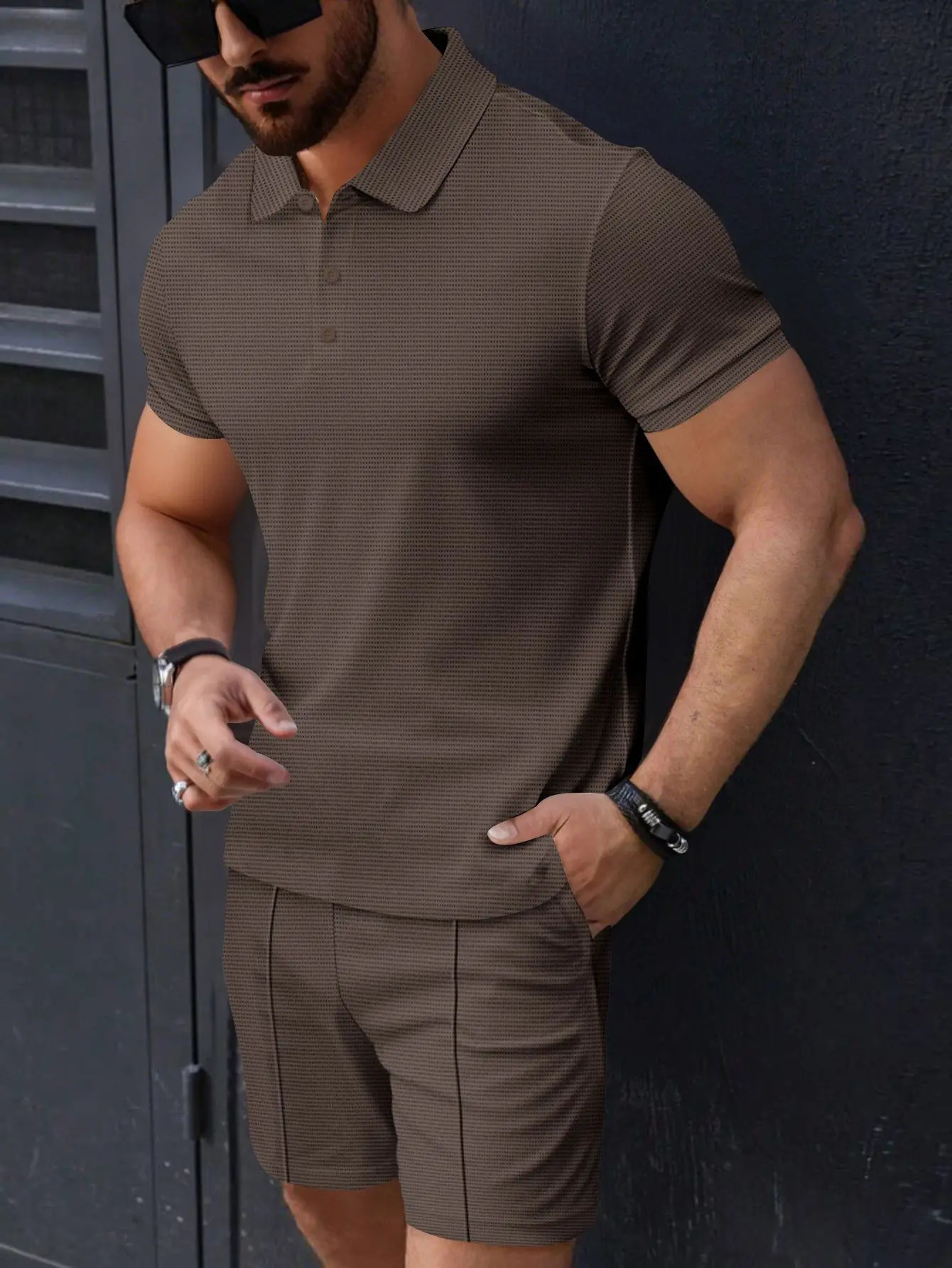 summer mens casual sportswear street solid color plaid collar short sleeved polo shirtshorts two-piece set 250402