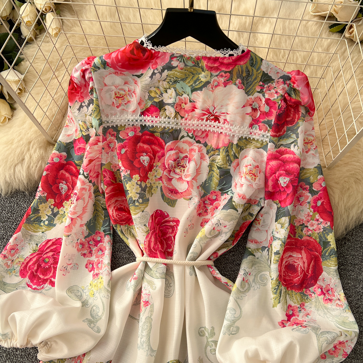 Basic Casual Dresses Spring Holiday Gorgeous Flower Linen Dress Women's V-Neck Hollow Out Lace Long Lantern Sleeve Floral Print Belt Maxi Vestido