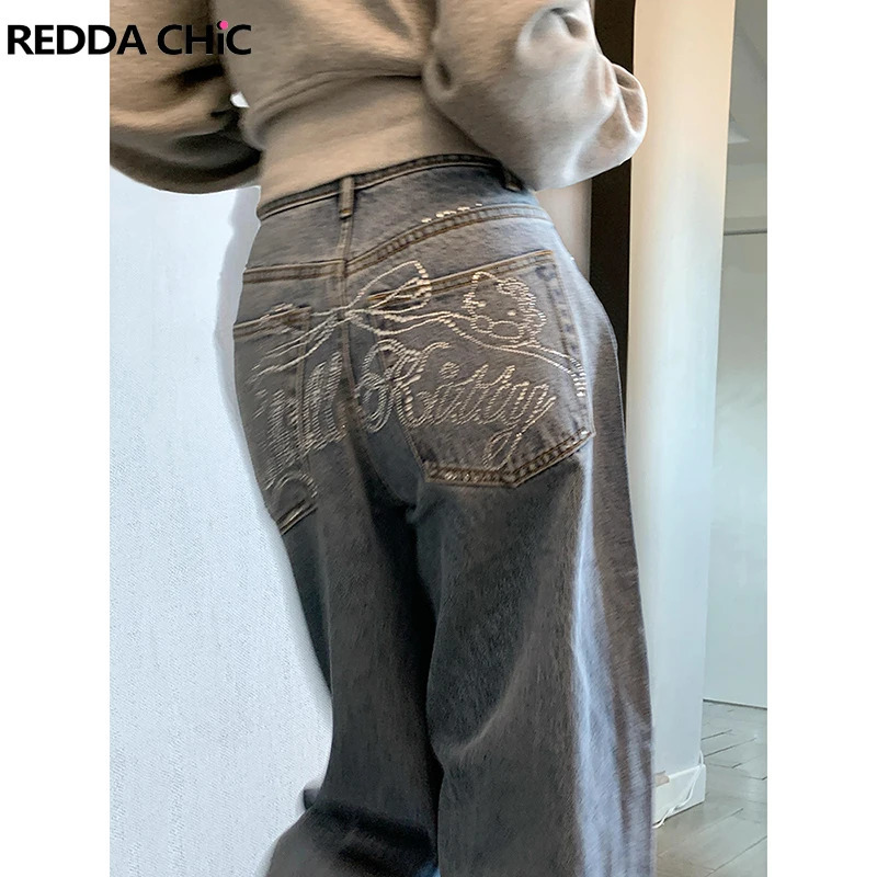 REDDACHiC Sparkly Rhinestone Letters Baggy Jeans Cute Y2k Retro Whiskers Casual Wide Leg Pants Korea Women Trousers Streetwear Z260313
