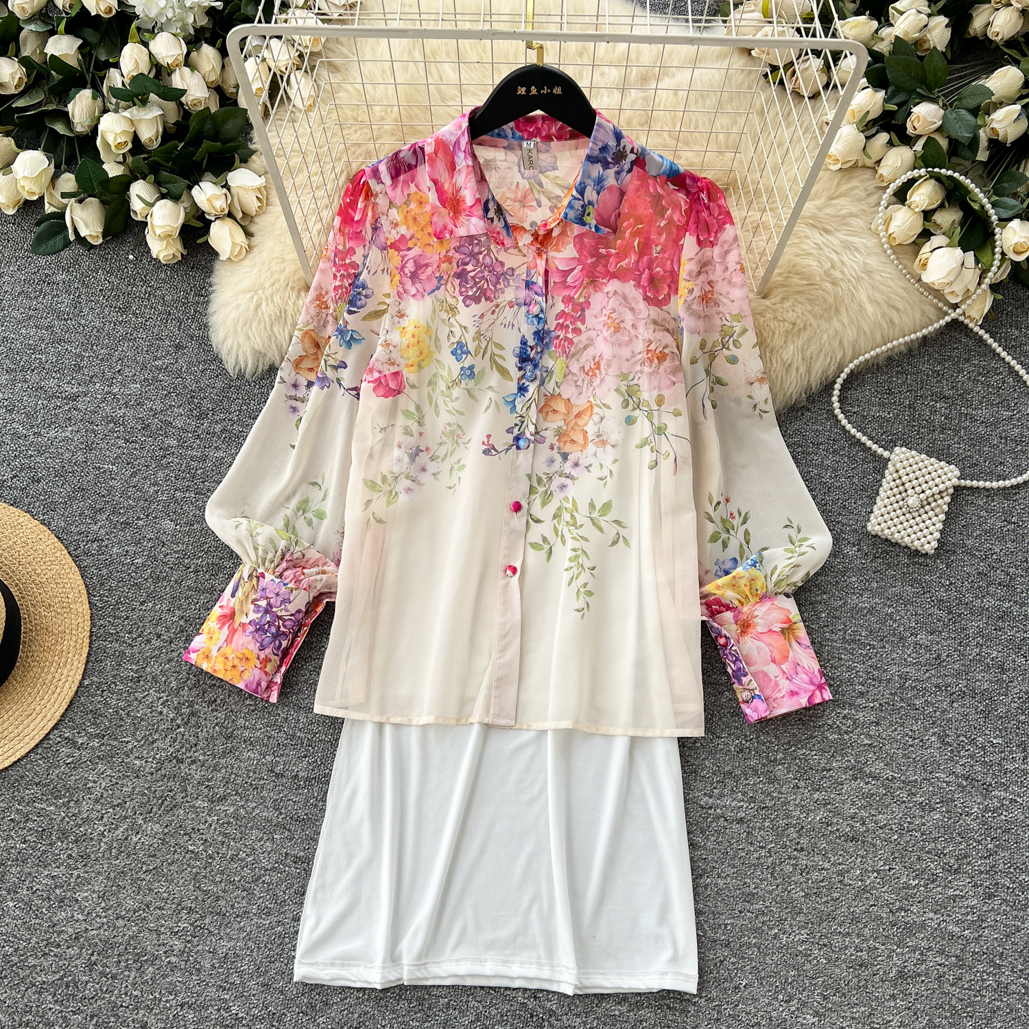Two Piece Dress Summer Holiday Chiffon Gorgeous Flower 2 Piece Set Women Long Lantern Sleeve Shirt Blouse and High Waist A-Line Long Skirt Suit 2025