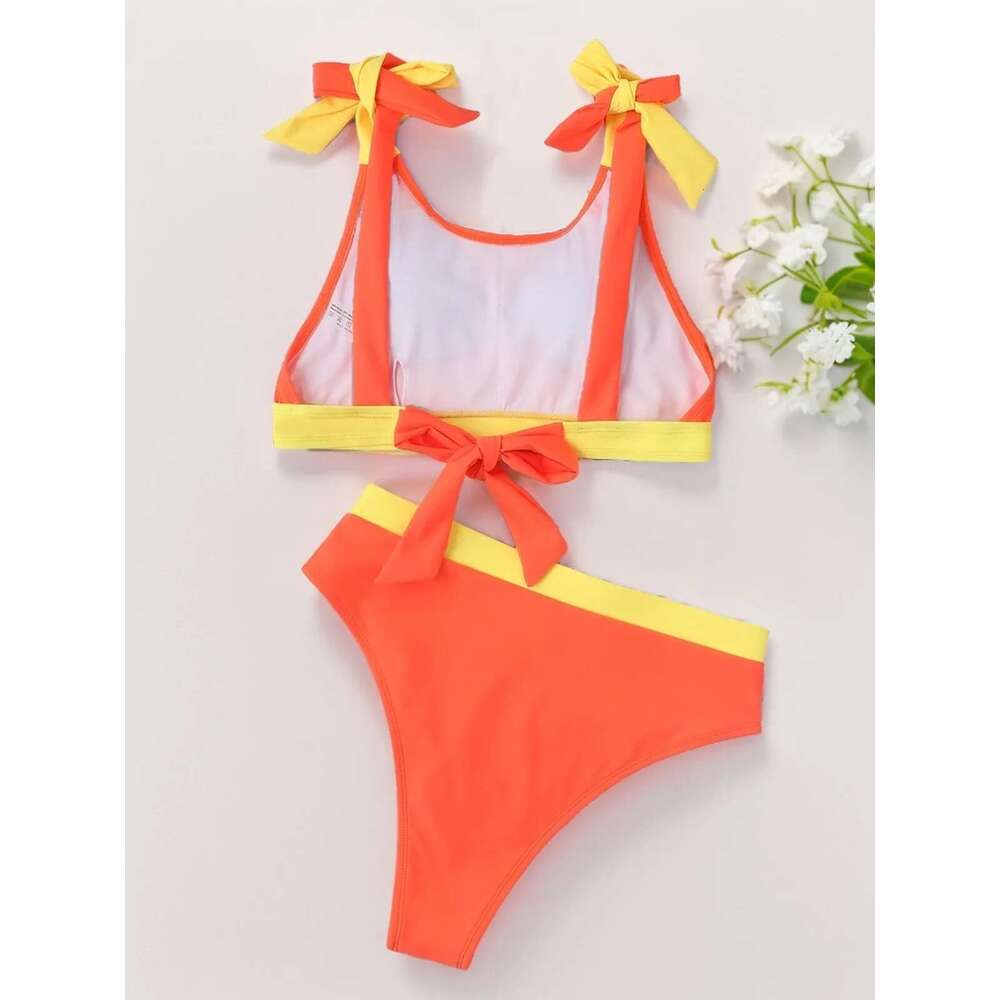 Orange Patchwork Two Piece Swimsuit Women's High Waist Bandage U-neck Bikini Set Suspender Lace-up Backless Beach Swimwear 2024