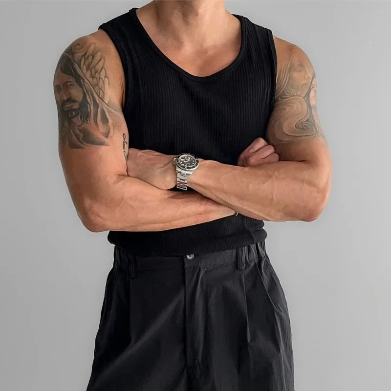 American vertical thread tank top muscle mens tight elastic sleeveless T-shirt with patchwork thin quick drying fitness vest 250403