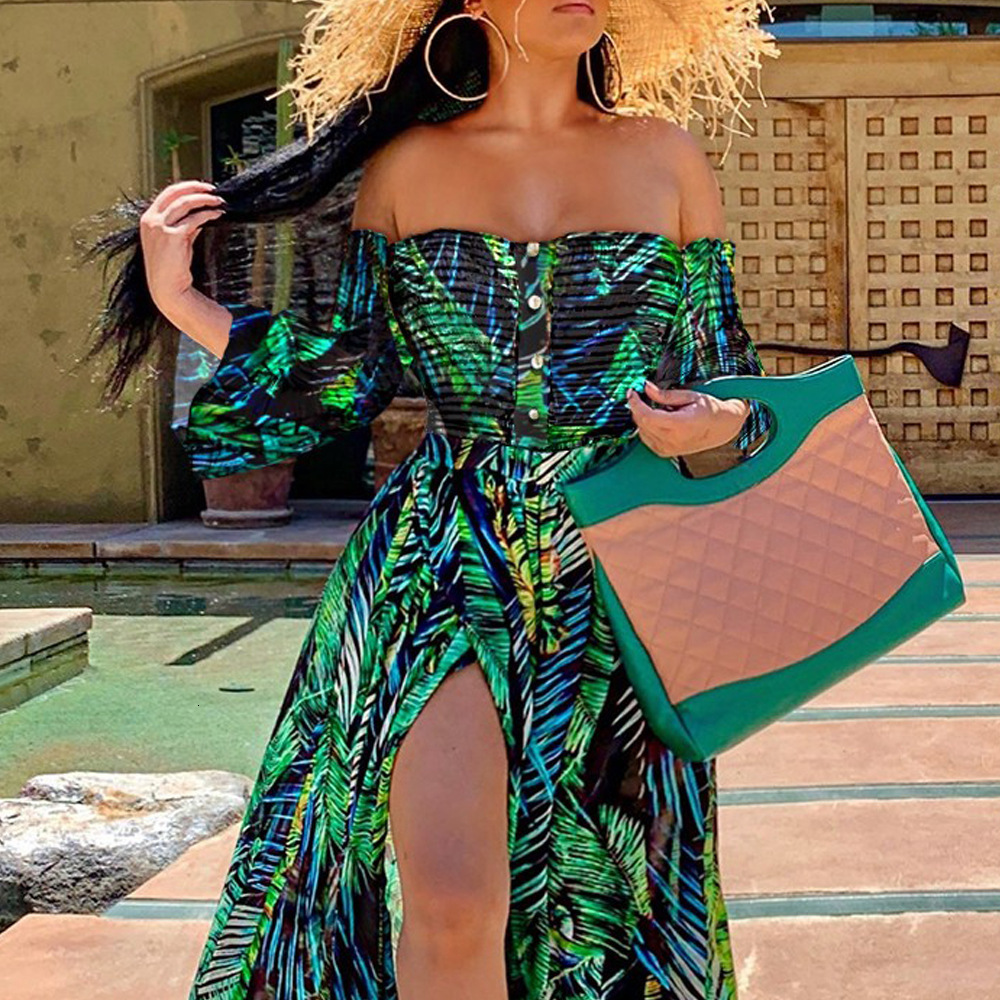 2025 Womens Summer New Dress Beach Sexy Split Print Floor Dragging One Shoulder Large Swing Long Dress