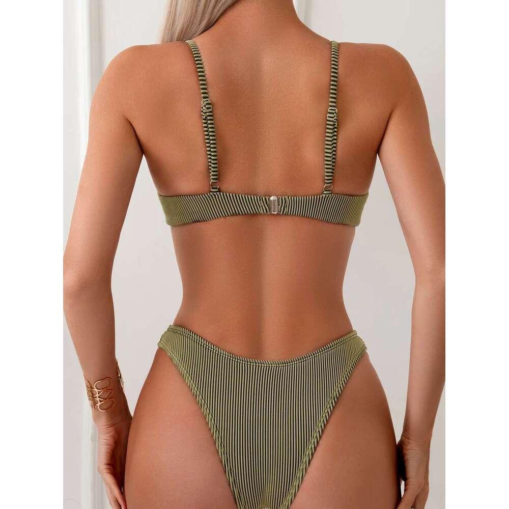 2024 New Women's Underwire Bikini Set,solid Color 2-piece Pit Striped Swimsuit,Fashion Sexy V-neck Bathing Suit with Chest Pad