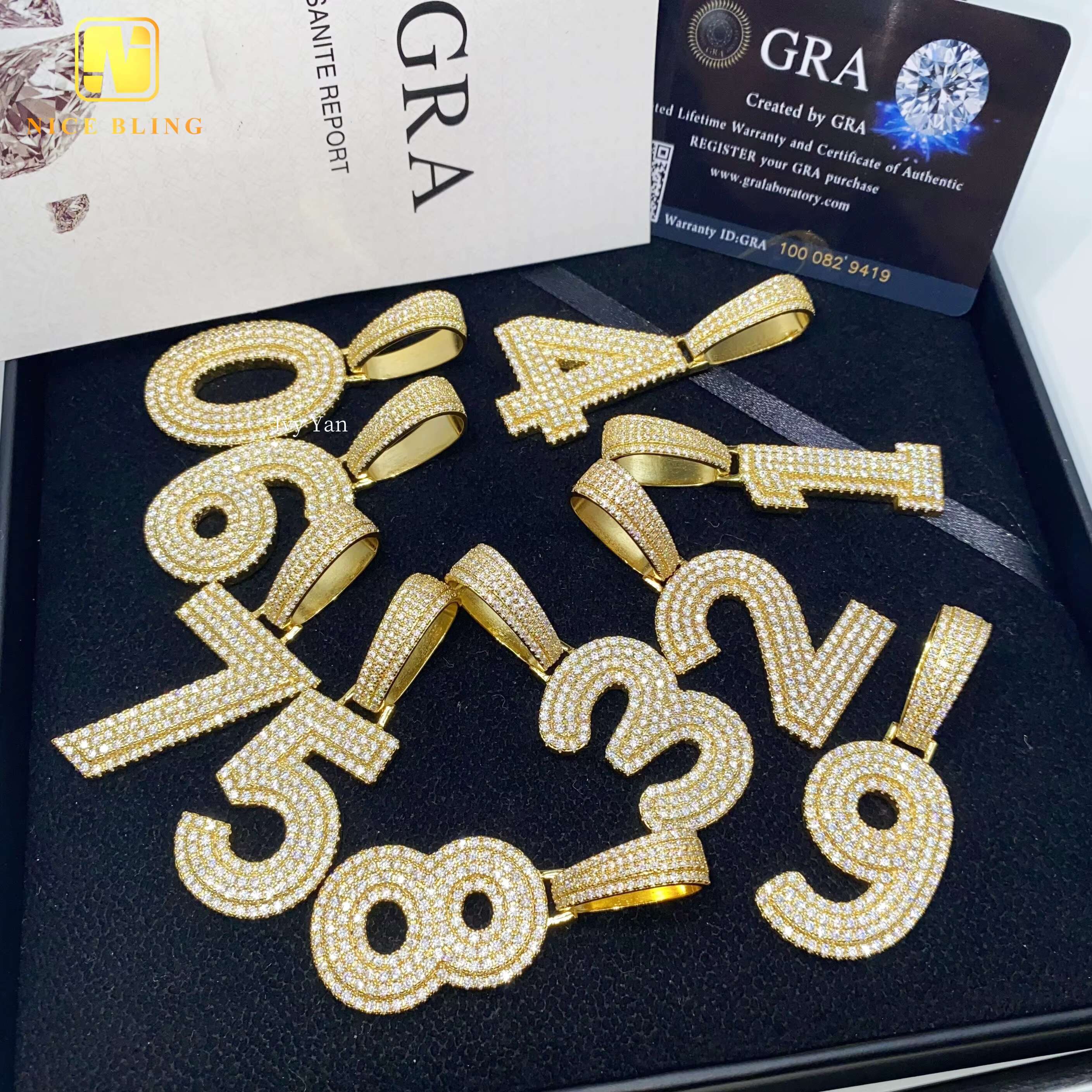 RTS Custom Iced Out Fine Jewelry Number Pendants Hip Hop VVS Moissanite Charms 925 Silver Round Brilliant Diamond Lucky Pendant