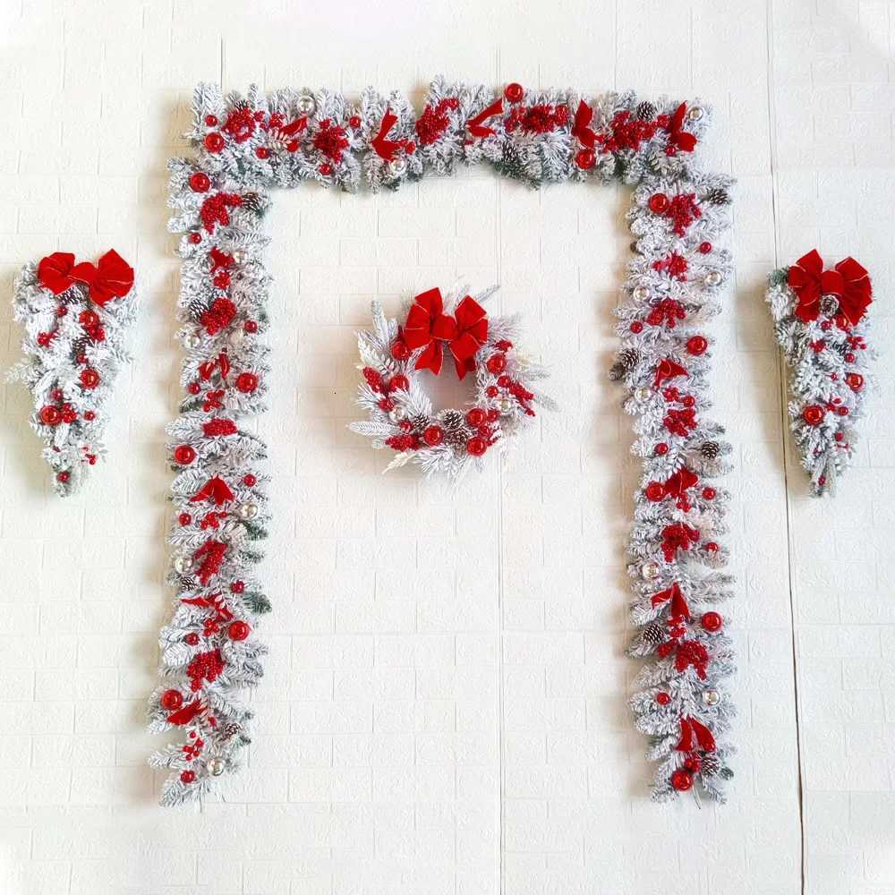 New 2025 Christmas Flocking Flower Garland Door Hanging Christmas Decorations Christmas Wreaths Rattan Upside Down Tree OrnamentXJ251106