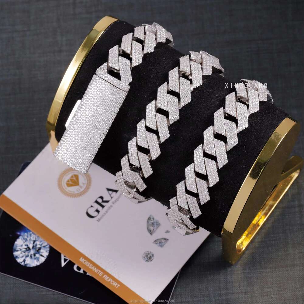 Hip Hop Jewelry k Necklace 3rows 15mm Sterg Sier VVS Moissanite Iced Out Dia Cuban Chain for Men