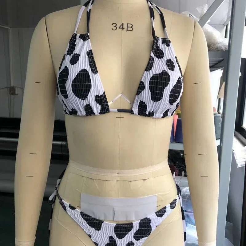 New Cow Print 2-piece Swimsuit Foe Women 2025 New,sexy Low Waist Lace-up Thong Bikini,suspender Hollow Out Bathing Suit