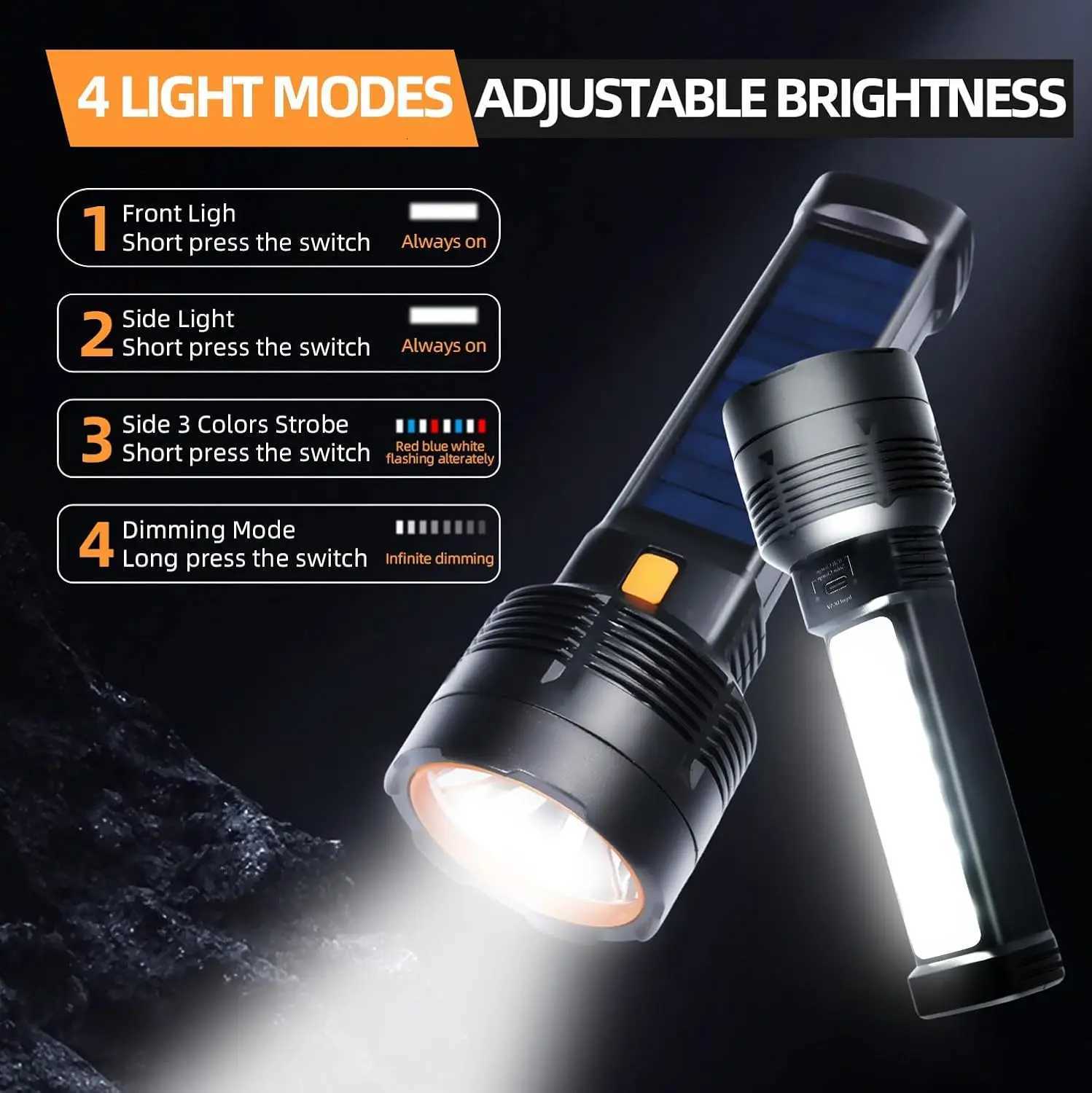 Multi-function Solar / USB Charging LED Flashlight Super Bright Waterproof Torch Light for Home CampingHikingW251106