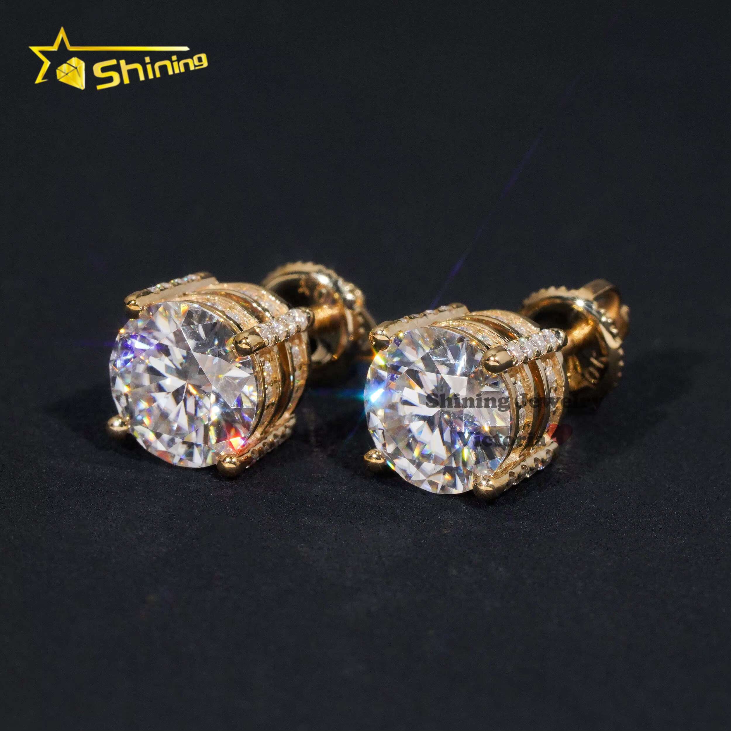 Iced Out Pass Diamond Tester Men Earrings VVS Moissanite Earrings 10K Soild Gold Screw Back 6.5MM Side Iced Earrings Studs
