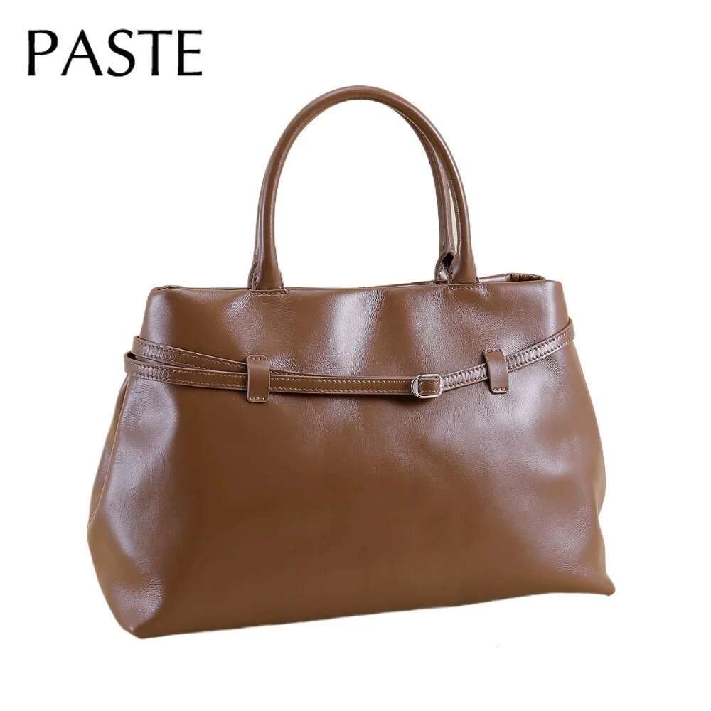 New Outsizes 38Cm Large Tote Glossy Oil Wax Cowhide Leather Women Top-Handle Handbag Wine Red Color Female Shoulder Bag