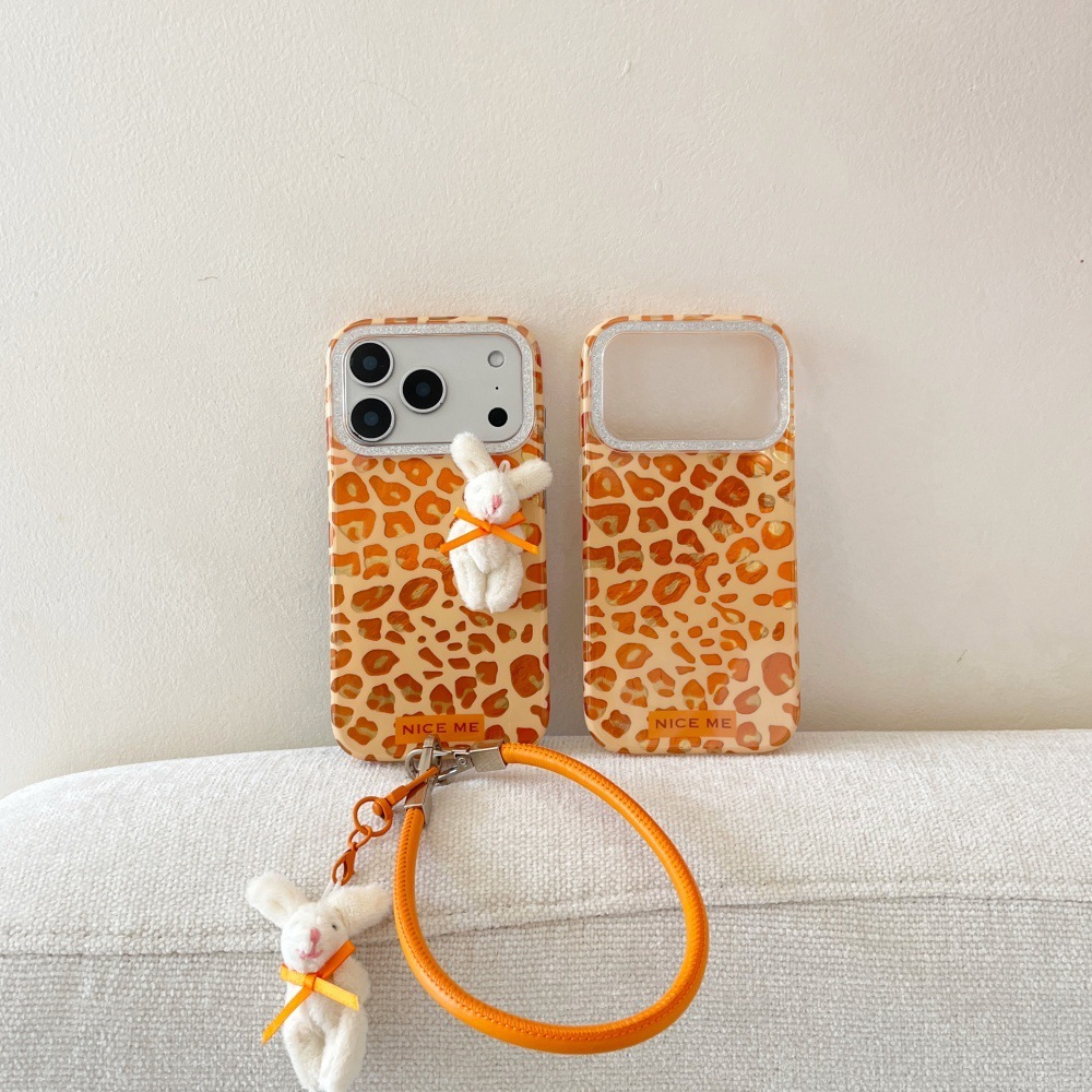 Orange Leopard Print Plush Bear Phone Case Compatible with iPhone 17/16 Pro Max Personalized Lanyard Case iPhone 15/14 Pro