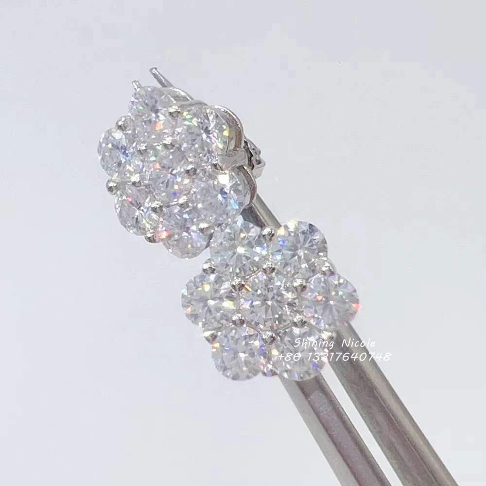 Hot Sale Hip Hop Jewelry Gra Certificate Flower Earring 925 Sterling Silver Moissanite Stud Earrings