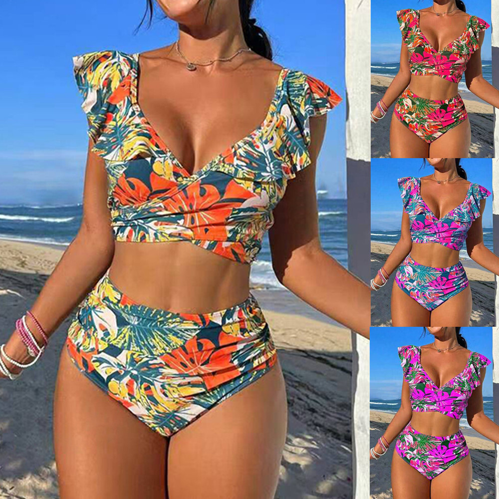 New ruffle edge split high waisted triangle pants sexy bikini multi-color printed swimsuit for women