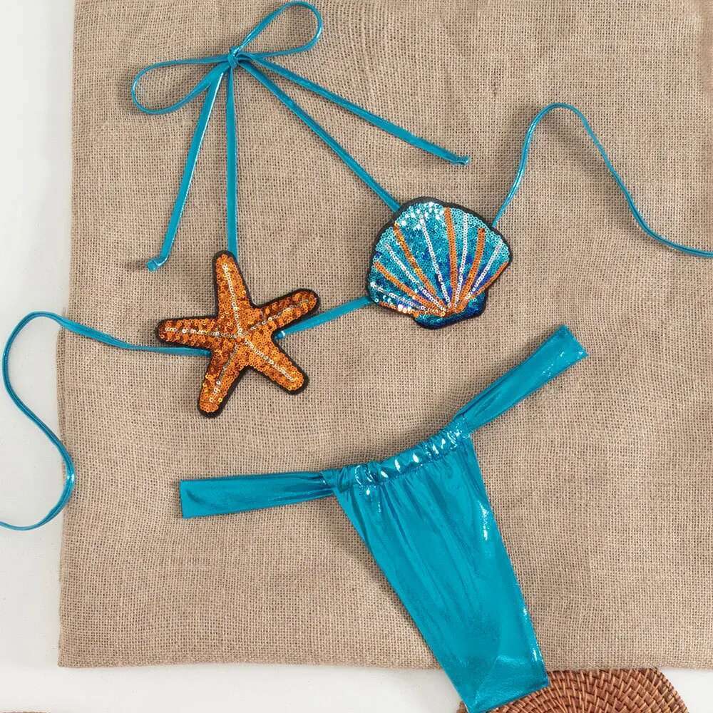 Shiny Sequin Shell Starfish Bikini Set Women Sexy Push Up Pleate Thong Swimsuit 2025 Brazilian Beach Bathing Suit Micro Swimwear