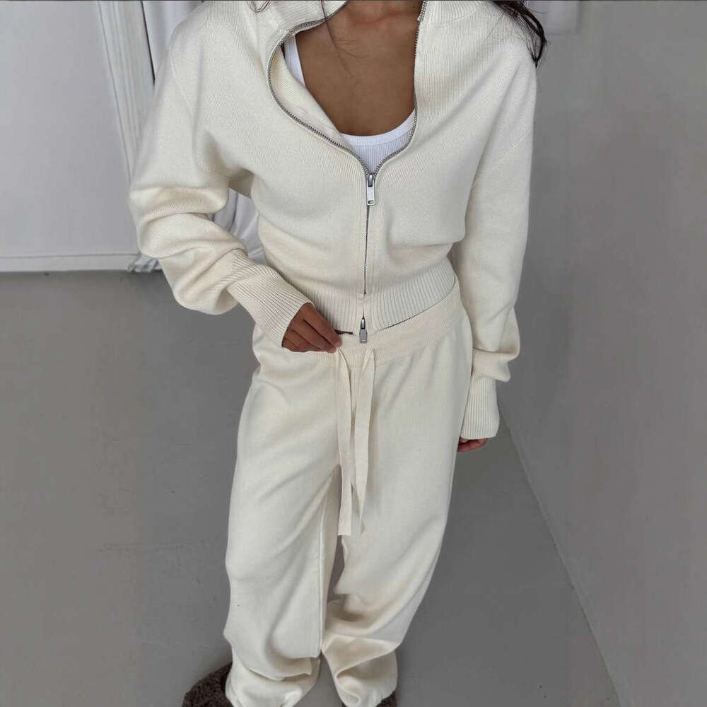 2025 Autumn New Solid Color Inner Knitted Two-Piece Set High-End Casual Elegant Straight-Leg Suit for Women Outerwear