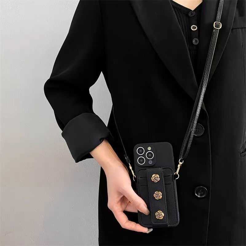 Compatible with 17 Phone Case Card Holder Insert Card iPhone 15 Pro Max Crossbody 16 Strap 14 Pro Camellia J251202