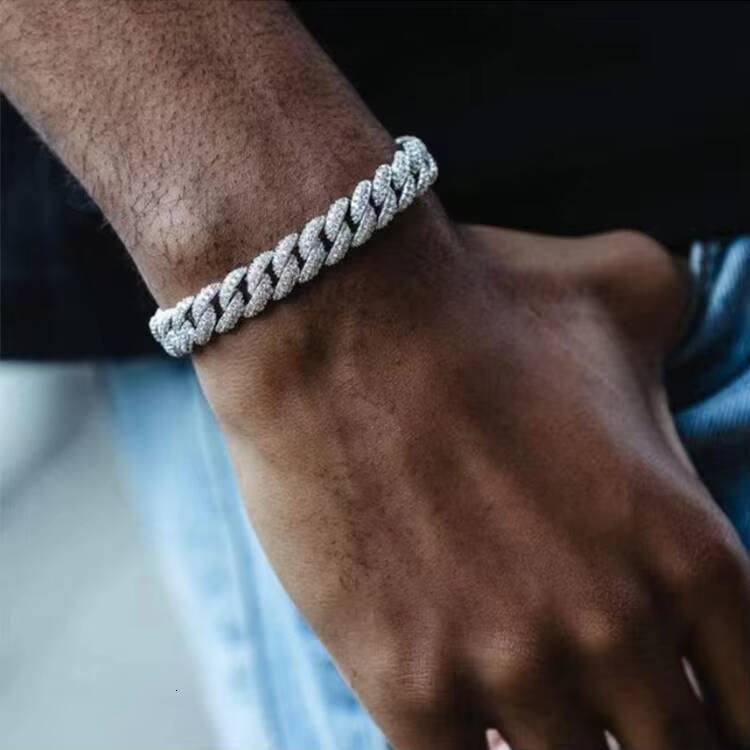 Yu Ying Mens 9mm Full Iced Out Moissanite Diamonds 2 Rows Cuban Link Chain Bracelet S925 Sterling Silver Jewelry