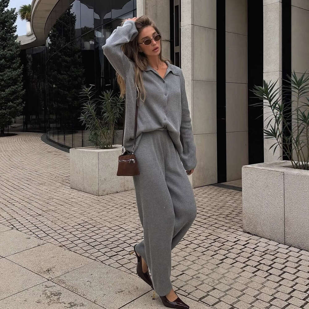 Cross-Border Turn-Down Collar Long Sleeve Knitted European and American 2025 Autumn Winter New Style Elegant Loose Commuting Ribbed Sweater Suit