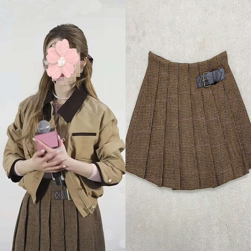 Live Streaming Zhao Lusi Same Khaki Color Contrast Lapel Jacket Coat Top College Style Cardigan Pleated Skirt Set