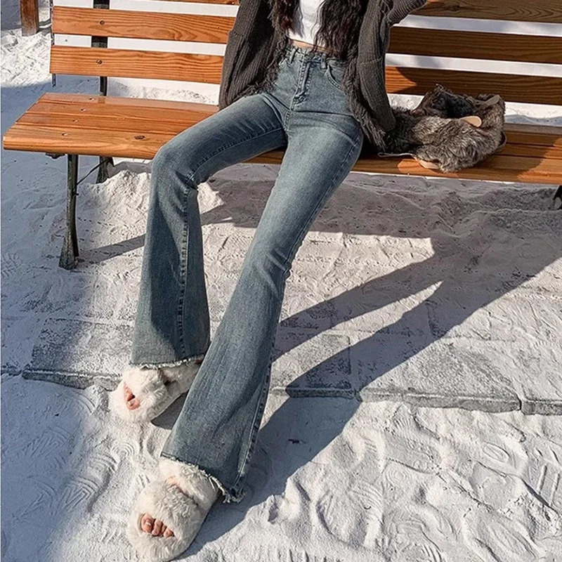 Woman High Waist Vintage Flare Jeans Female Gothic Elastic Bell Bottom Pants Lady Streetwear Blue Black Grey Denim Trousers Z260313