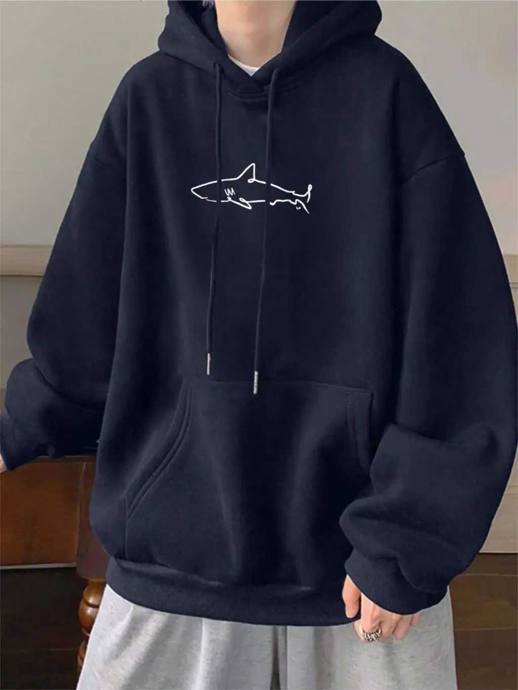 Simple Shark Printing Hoodie For Men Kangaroo Pocket Drawstring Pullovers Thermal Fleece Warm Sweatshirts Autumn Casual Clothes W251106