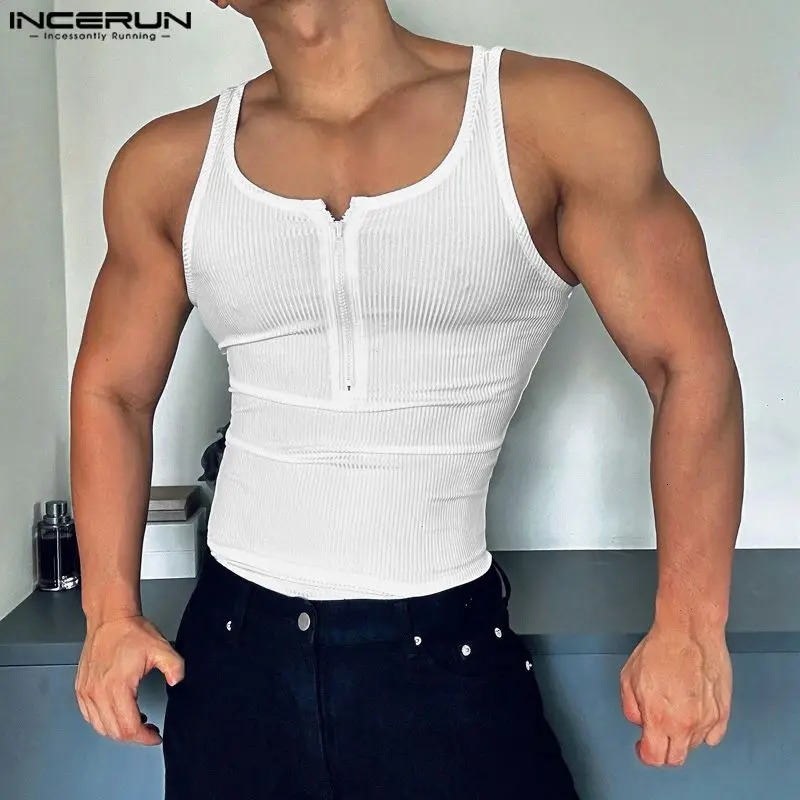 INCERUN Tops American Fashion Mens Striped Zipper Tank Top Casual Street Clothing Mens Solid Sleeveless Tank Top 250403