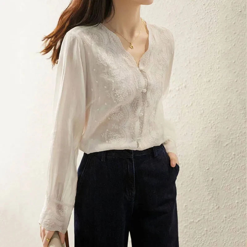 Elegant V-Neck Long Sleeve Linen Blouse Autumn Loose Tops French Style Embroidery Flower Lace Womens Shirt Sweet Blusas 16108 250402