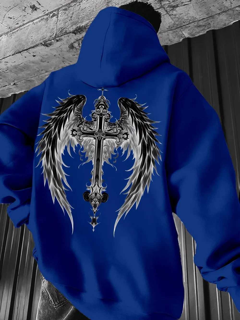 Hot selling autumn mens personalized angel wing print soft and comfortable hooded sweatshirt outdoor urban high street clothing W251106